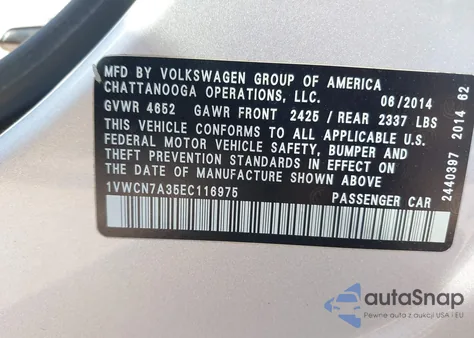 2014 Volkswagen Passat 2.0L Tdi Sel Premium из США, поврежденный, VIN 1VWCN7A35EC116975